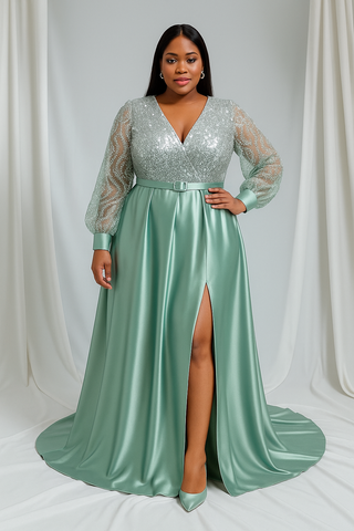 Mint Green Satin Ball Gown with Silver Sequin Bodice & Slit