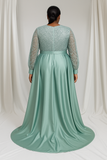 Mint Green Satin Ball Gown with Silver Sequin Bodice & Slit