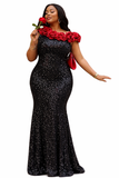 Rose Noir Black Sequin Evening Gown | Off-Shoulder Floral Detail Dress