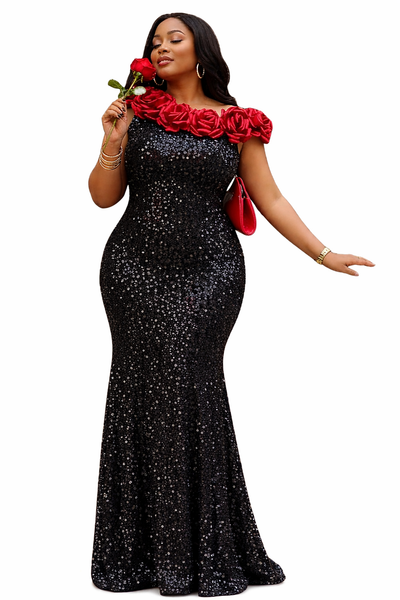 Rose Noir Black Sequin Evening Gown | Off-Shoulder Floral Detail Dress
