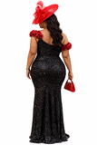 Rose Noir Black Sequin Evening Gown | Off-Shoulder Floral Detail Dress