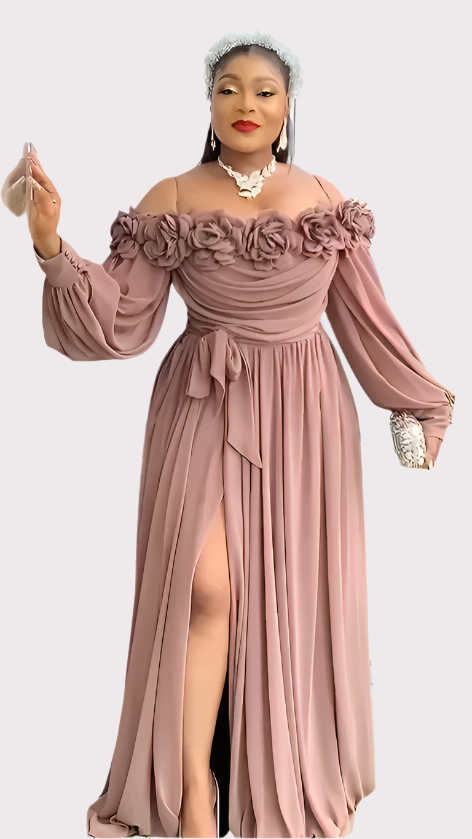 Caramel Brown Silk Off-the-Shoulder Dress with Petal Details - Oasislync