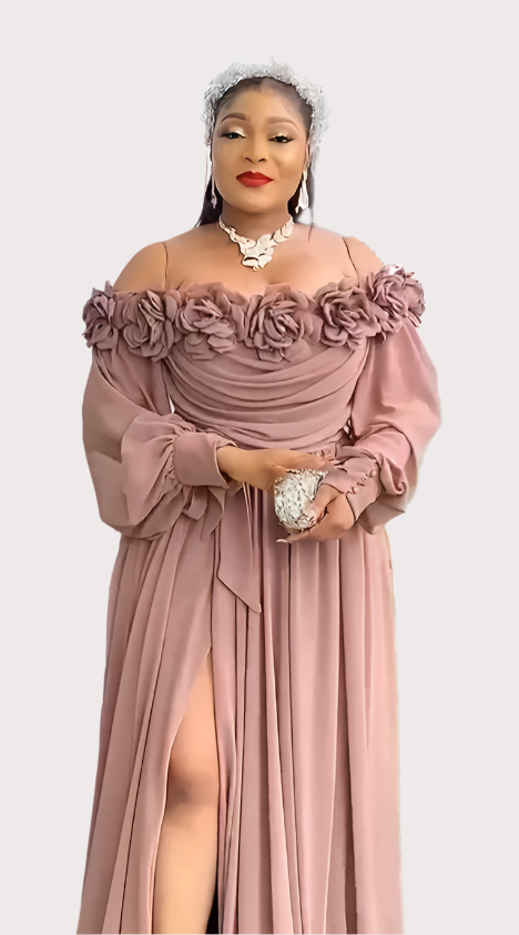 Caramel Brown Silk Off-the-Shoulder Dress with Petal Details - Oasislync
