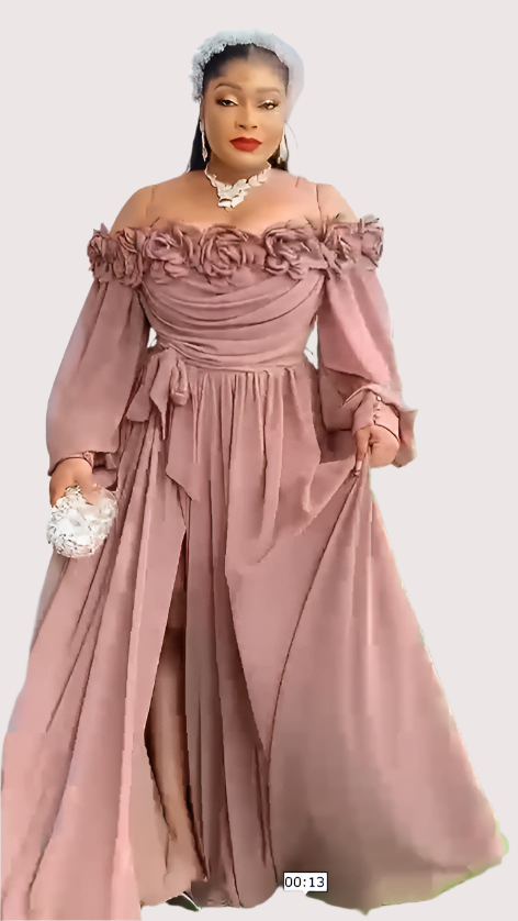 Caramel Brown Silk Off-the-Shoulder Dress with Petal Details - Oasislync