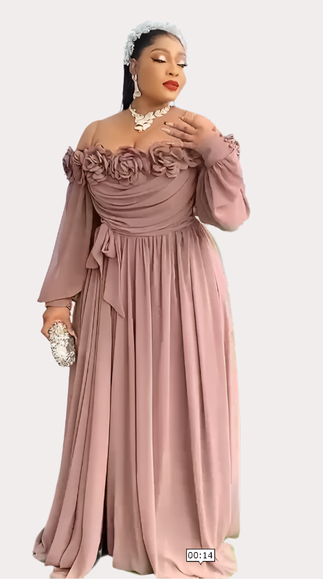 Caramel Brown Silk Off-the-Shoulder Dress with Petal Details - Oasislync