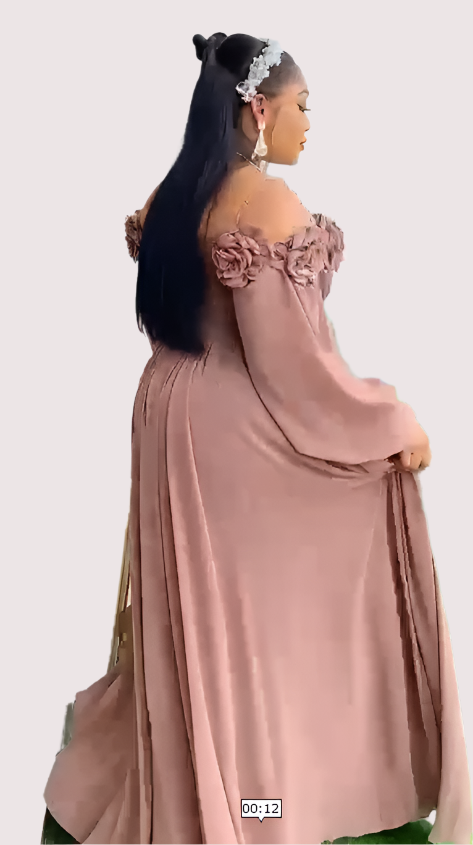 Caramel Brown Silk Off-the-Shoulder Dress with Petal Details - Oasislync