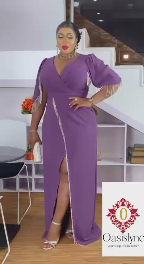 Deep Purple Evening Gown with Slit & Tassel Sleeve Detai