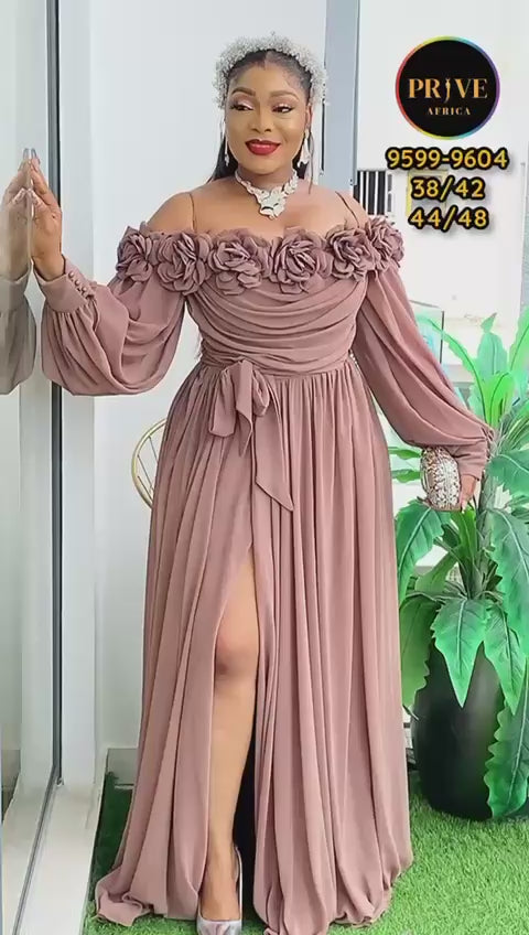 Caramel Brown Silk Off-the-Shoulder Dress with Petal Details
