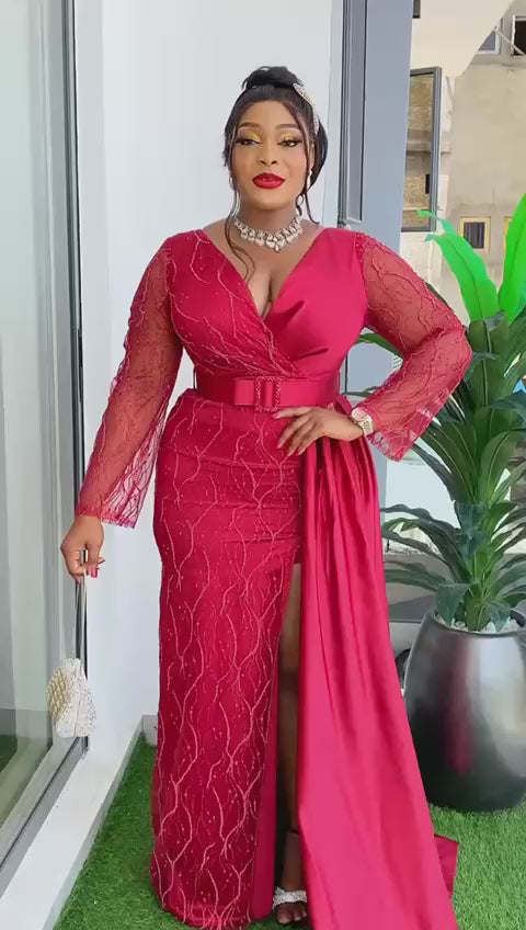 Wine Red Satin and Lace Fitted Gown with Cascading Drape
