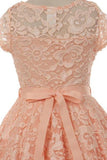 Girls' Peach Lace Skater Dress With Stone Belt - Oasislync