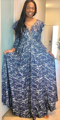 Beaded Blue Floral V-Neck Ball Gown - Oasislync