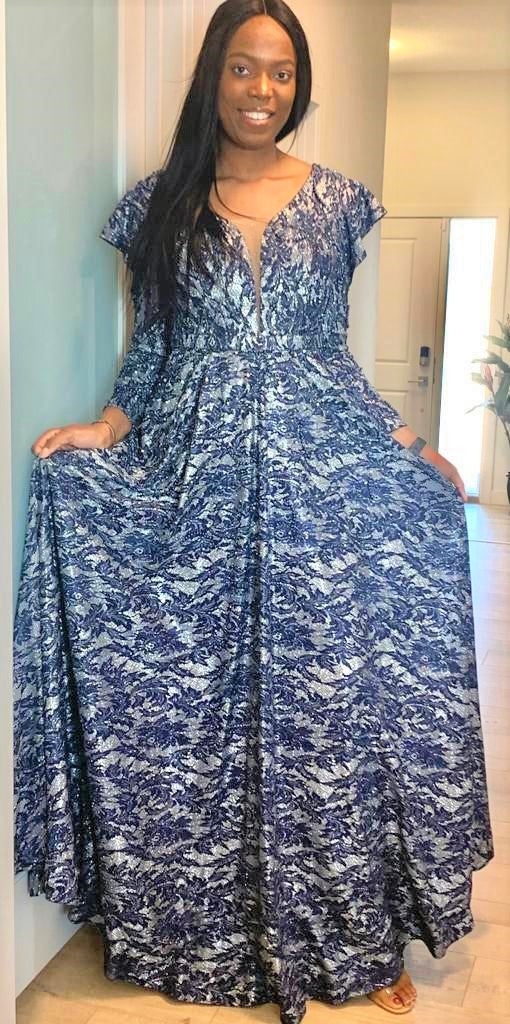 Beaded Blue Floral V-Neck Ball Gown - Oasislync