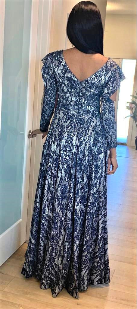 Beaded Blue Floral V-Neck Ball Gown - Oasislync