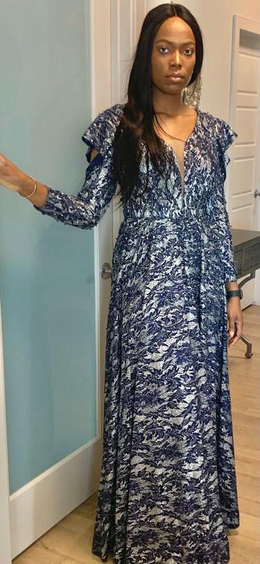 Beaded Blue Floral V-Neck Ball Gown - Oasislync