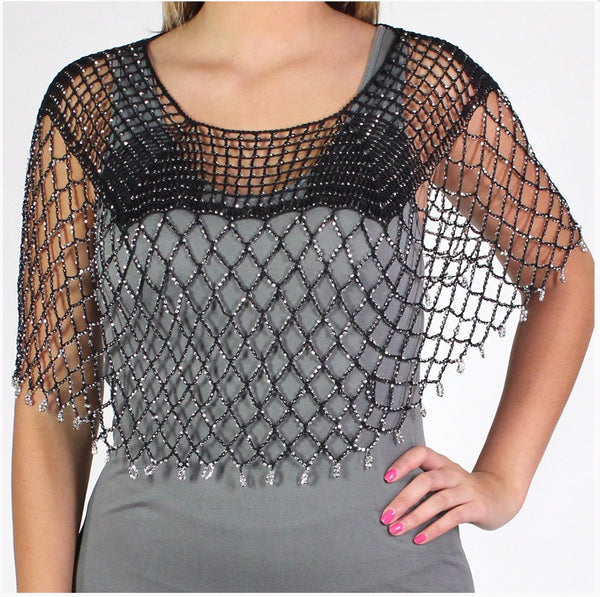 Black Silver Beaded Crochet Evening Poncho - Oasislync