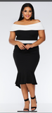 Plus Size Black and White Bardot Dip Hem Dress - Oasislync