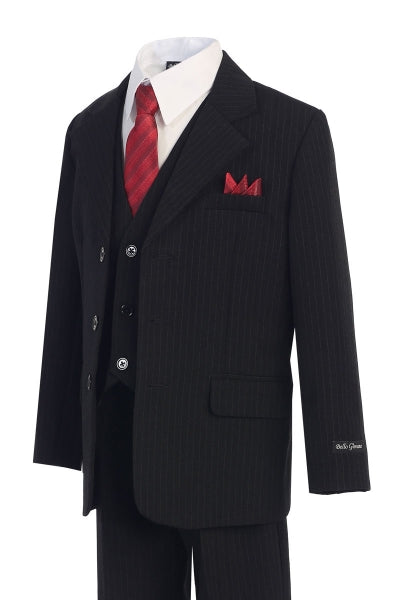 Boys' Black Pinstripe Suit with Vest, Red Tie and Red Pocket Square - Oasislync