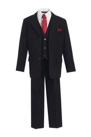 Boys' Black Pinstripe Suit with Vest, Red Tie and Red Pocket Square - Oasislync