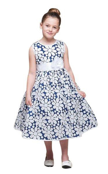 Crayon Kids Navy Blue White Flower Girls' Party Dress with Sheer Overlay - Oasislync