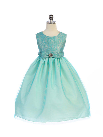 Crayon Kids Girls' Turquoise Lace Textured Bodice Flower Girl Party Dress with Satin Bow - Oasislync