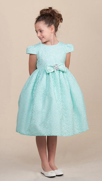 Crayon Kids Girls' Turquoise Lace Textured Flower Girl Party Dress with Cap Sleeves - Oasislync