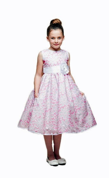 Crayon Kids Pink White Flower Girls' Party Dress with Sheer Overlay - Oasislync