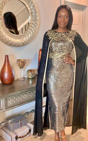 Elegant Sequin Fitted Cape Dress in Gold