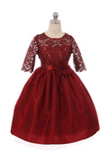 Girls' Burgundy Stretch Lace Dress with Contrast Tulle - Oasislync