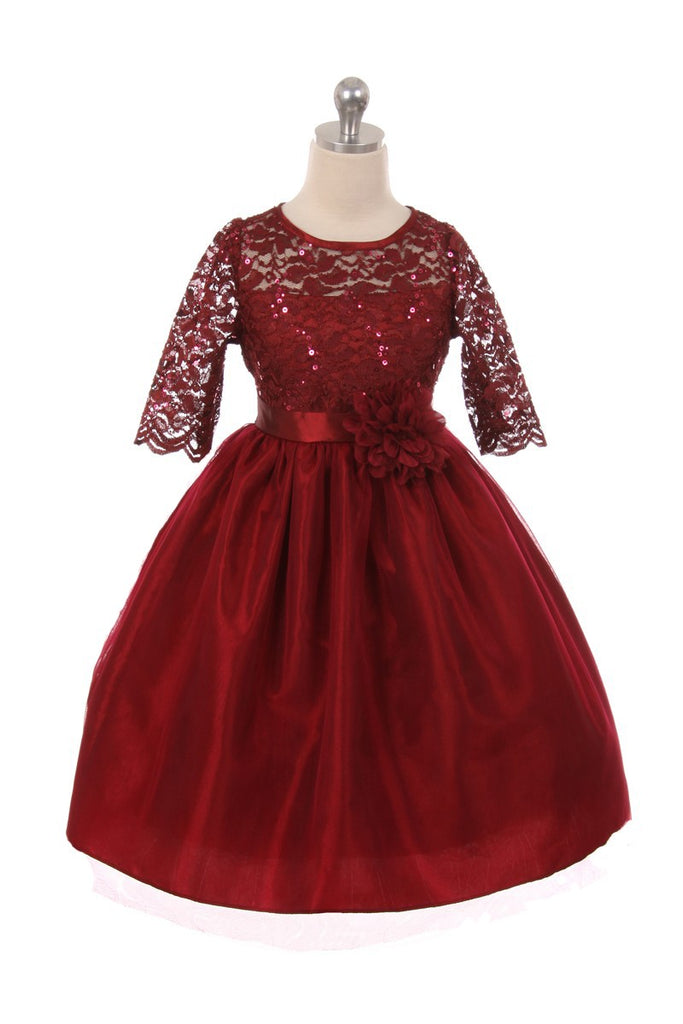 Girls' Burgundy Stretch Lace Dress with Contrast Tulle – Oasislync