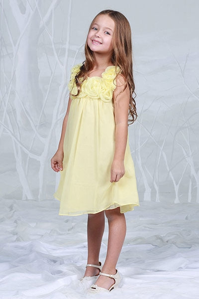 Girls' Yellow Chiffon Dress with Rose Trim - Oasislync