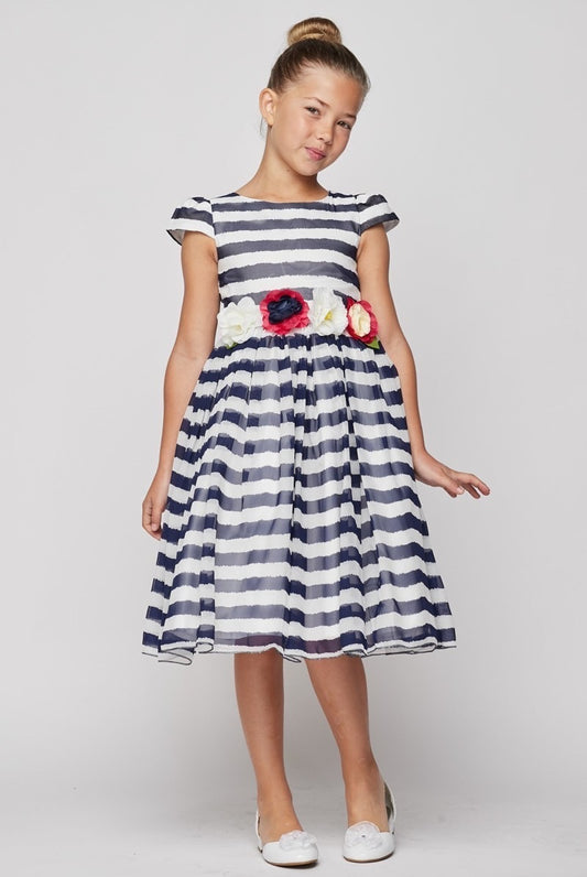 Classic Navy blue and White Strip Ribbon Party Dress - Oasislync