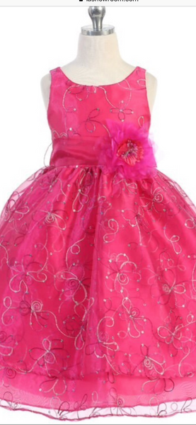 Fushia Pink Embroiderey Sequence Flower Layer Dress - Oasislync