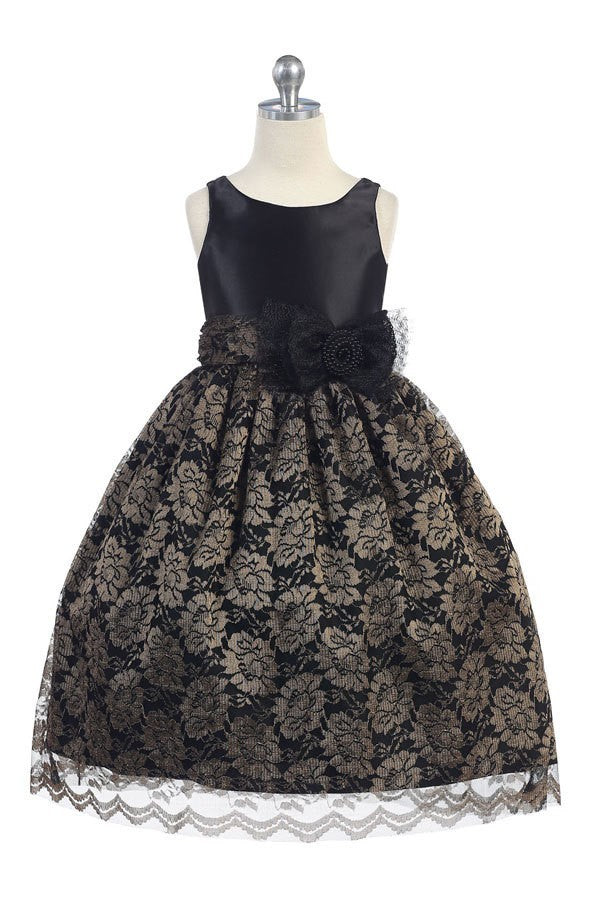 Girl's satin Bodice and Laces overlay Skirt in Champagne Black - Oasislync