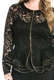 Ladies' Black Plus Size Long Sleeve Lace Top with Layered Peplum - Oasislync