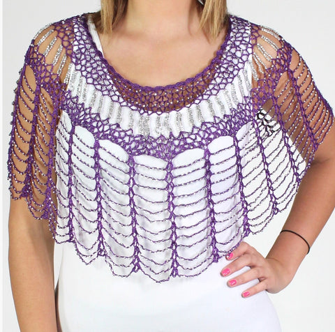 Purple Silver Beaded Webbed Crochet Evening Poncho - Oasislync