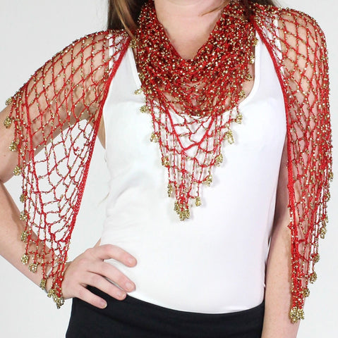 Red Gold Shawl Beaded Triangle Scarf - Oasislync