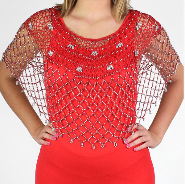 Red Silver Beaded Crochet Evening Poncho Curved Design - Oasislync