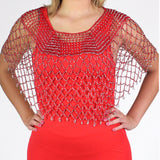 Red Silver Beaded Crochet Evening Poncho - Oasislync