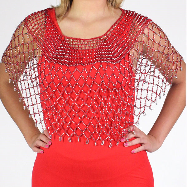 Red Silver Beaded Crochet Evening Poncho - Oasislync