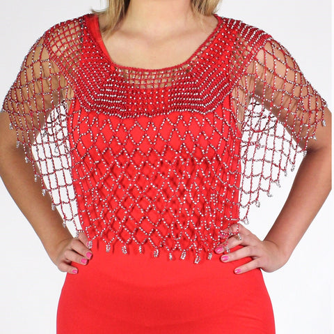 Red Silver Beaded Crochet Evening Poncho - Oasislync