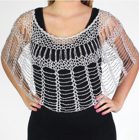 Silver Beaded Webbed Crochet Evening Poncho - Oasislync