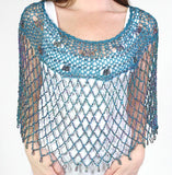 Teal Silver Beaded Crochet Evening Poncho - Oasislync