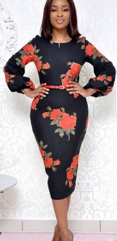 Lantern Sleeves Black Floral Belted Sheath Dress - Oasislync