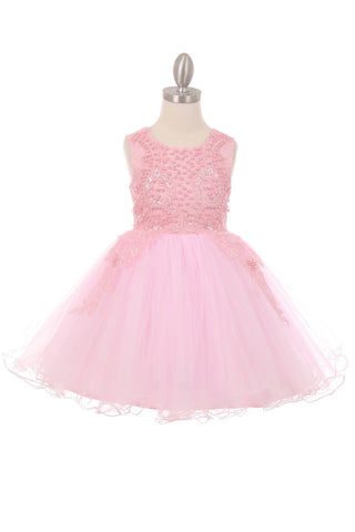 Girls 3D Pearl Beaded Flower Tulle Dress in Pink