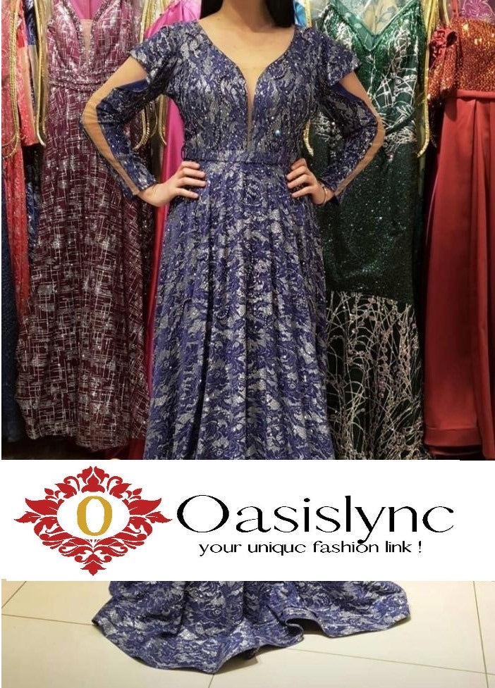 Beaded Blue Floral V-Neck Ball Gown - Oasislync