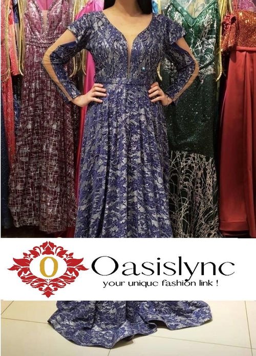 Beaded Blue Floral V-Neck Ball Gown - Oasislync