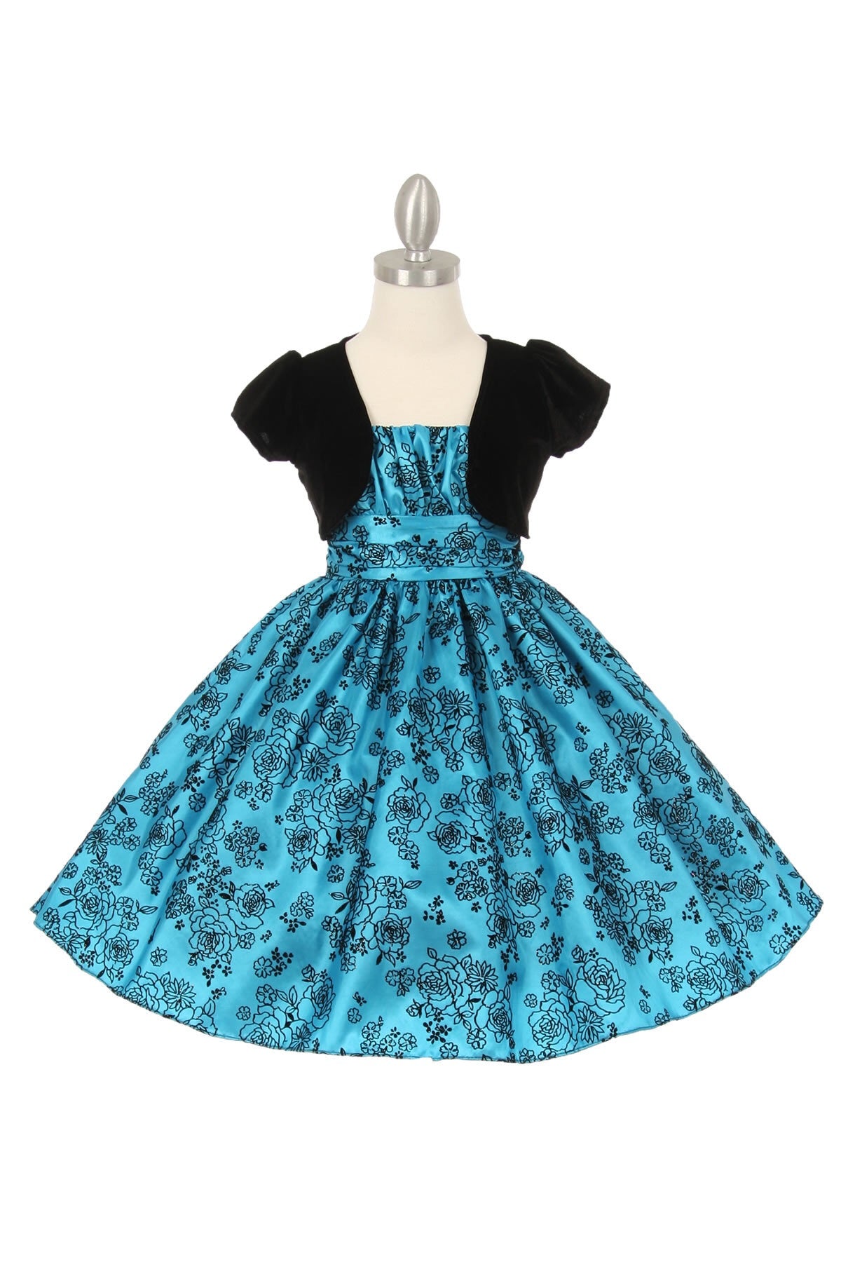 Elegant Glitter Flower Flocking Taffeta Dress with Stretch Velvet Bolero - Oasislync