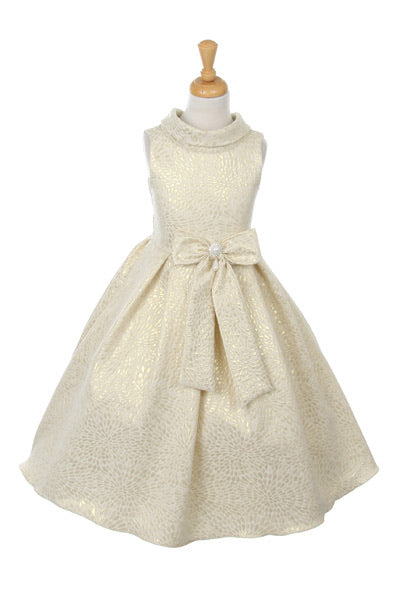 GIRLS SLEEVELESS JACQUARD DRESS WITH PEARL BROOCH SASH - Oasislync