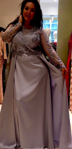 Plus Size Metallic Grey Satin and Lace Train Dress