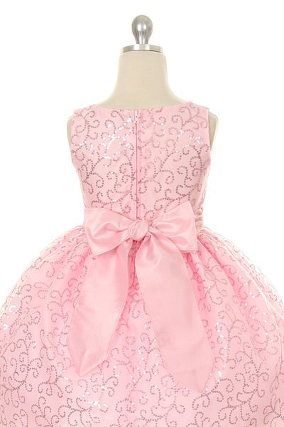 Sequin Organza Dress with Taffeta Sash and Pin-On Flower - Pink - Oasislync